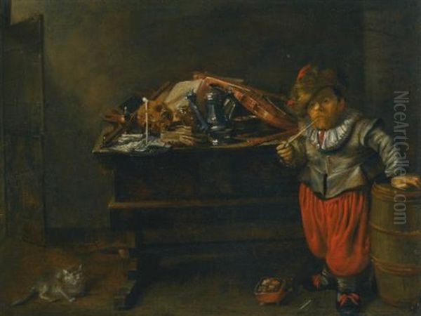 An Interior Wtih A Dwarf And A Vanitas Still Life Oil Painting by Jan Miense Molenaer