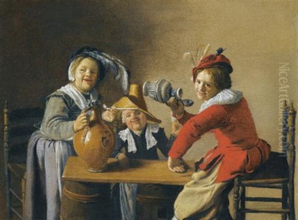 An Interior With Three Children Making Mischief Around A Table With Jugs And A Pipe Oil Painting by Jan Miense Molenaer