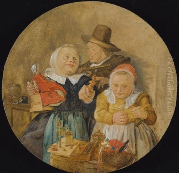 An Interior With A Man Holding A Flute, And Two Children Playing With Their Toys Oil Painting by Jan Miense Molenaer