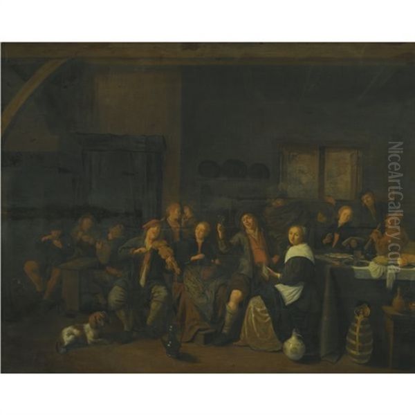 A Tavern Interior With Numerous Peasants Making Music And Merry Making Oil Painting by Jan Miense Molenaer