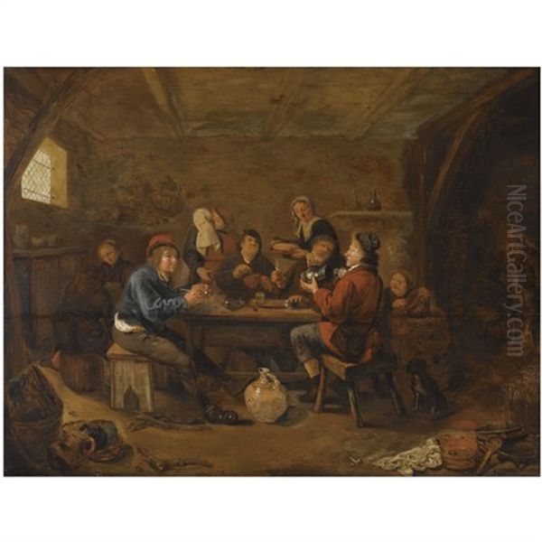 Figures Drinking And Smoking In An Inn, With An Amorous Couple In The Background Oil Painting by Jan Miense Molenaer