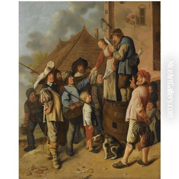 A Man And A Woman Standing On Barrels Reading A Newspaper Out Loud, Surrounded By A Group Of Figures, Outside A Tavern Oil Painting by Jan Miense Molenaer