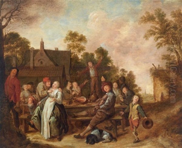 Frohliche, Musizierende Gesellschaft Im Freien Vor Einem Bauernhaus Oil Painting by Jan Miense Molenaer