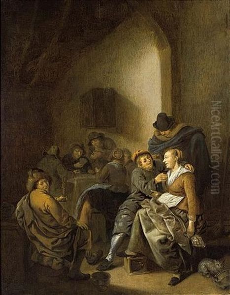 An Amorous Couple In An Inn With Other Figures Drinking And Playing Cards In The Background Oil Painting by Jan Miense Molenaer