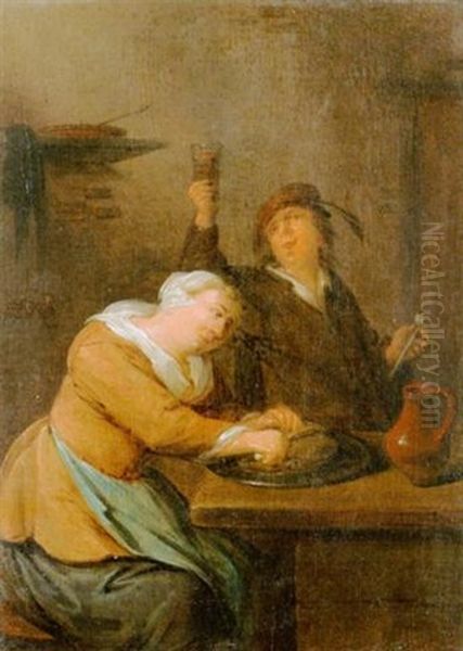 Kucheninterieur Mit Mahlzeit Zubereitender Frau Und Glas Erhebendem Mann Oil Painting by Jan Miense Molenaer