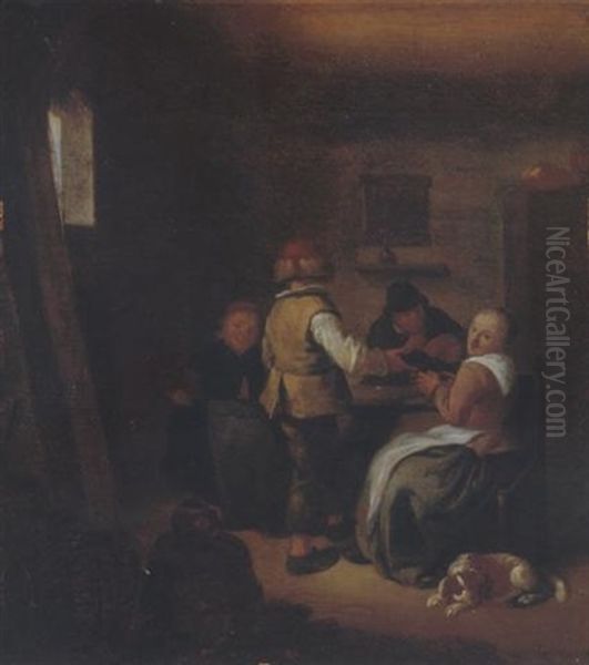 An Interior With Four Peasants Around A Table With A Dog Oil Painting by Jan Miense Molenaer