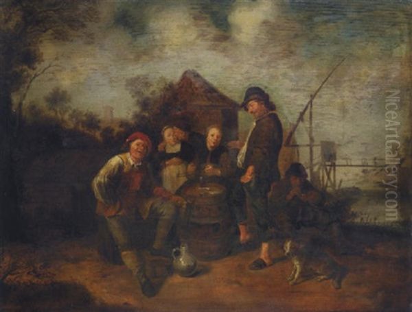 A River Landscape With Boors Smoking, Drinking And Carousing Outside A House Oil Painting by Jan Miense Molenaer