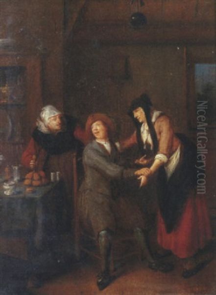 Tweeerlei Keus: An Elegant Couple With An Old Woman In An Interior Oil Painting by Jan Miense Molenaer