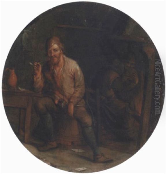 A Boor Smoking In A Tavern Interior Oil Painting by Jan Miense Molenaer