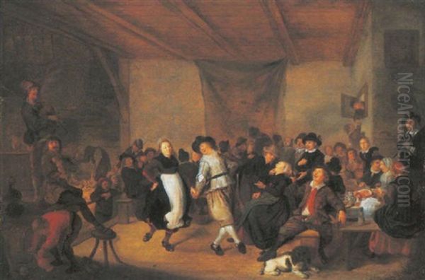 Peasants Dancing And Merrymaking In An Interior Oil Painting by Jan Miense Molenaer