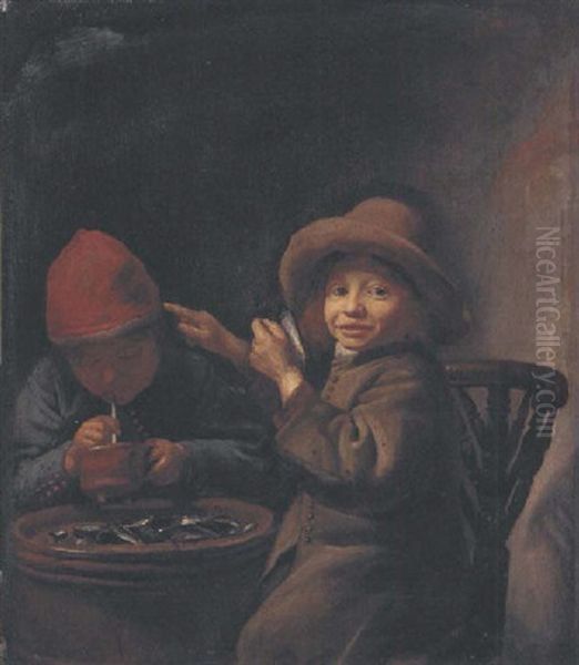 A Boy Eating Mussels, Another Lighting A Pipe Oil Painting by Jan Miense Molenaer