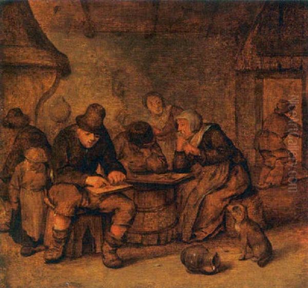 An Interior With Peasants Sitting Around A Table Near A Fireplace Oil Painting by Jan Miense Molenaer