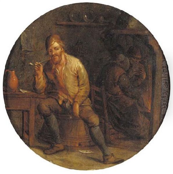 A Boor Smoking In An Interior, A Peasant Couple At A Fireplace Beyond Oil Painting by Jan Miense Molenaer