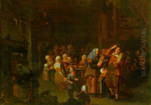 An Interior Of An Inn With A Couple Holding Twins In Their Arms Oil Painting by Jan Miense Molenaer