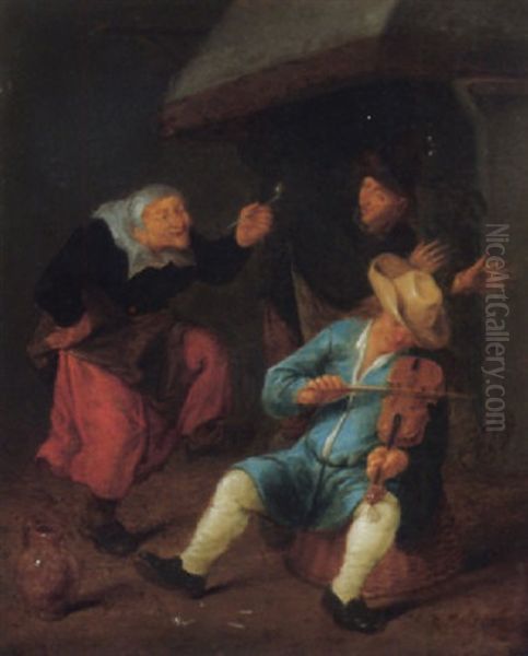 An Interior With Three Peasants, One Playing The Violin And Two Dancing Before A Fireplace Oil Painting by Jan Miense Molenaer