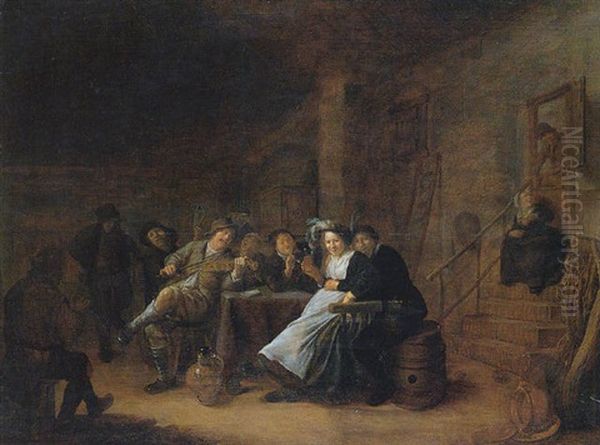 A Merry Company In A Tavern Interior Oil Painting by Jan Miense Molenaer