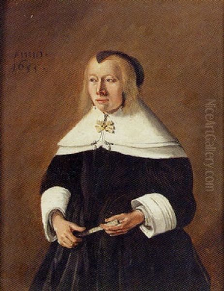 Portrait Of An Old Lady In A Black Dress And White Collar, Holding A Fan Oil Painting by Jan Miense Molenaer