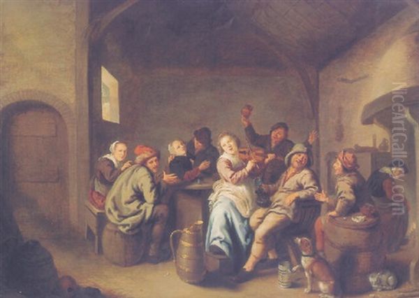 The Interior Of A Tavern With Figures Merrymaking And A Woman Playing The Fiddle Oil Painting by Jan Miense Molenaer