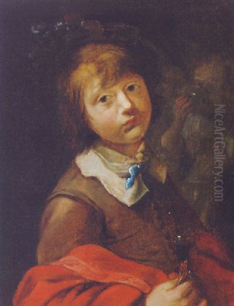 A Boy In A Brown Coat, Holding A Roemer Oil Painting by Jan Miense Molenaer