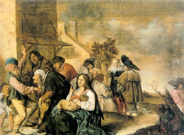 A Village Scene With Figures Dancing And A Lady Giving Alms In The Back Oil Painting by Jan Miense Molenaer