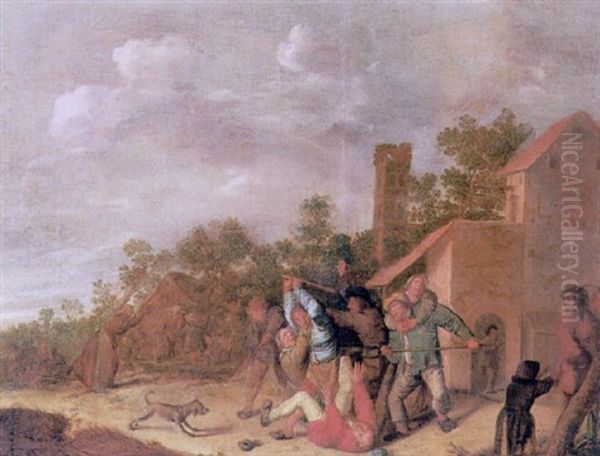 A Brawl Outside A Village Tavern Oil Painting by Jan Miense Molenaer