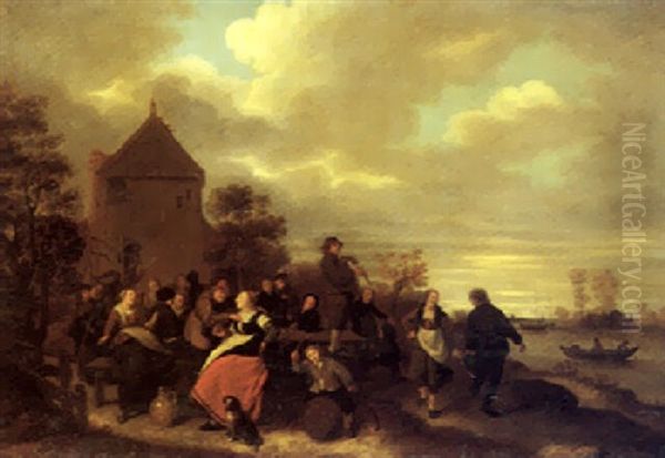 Peasants Merrymaking And Dancing Outside An Inn, On The Bank Of A River Oil Painting by Jan Miense Molenaer