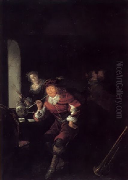 A Tavern Interior With A Man Smoking Oil Painting by Jan Miense Molenaer