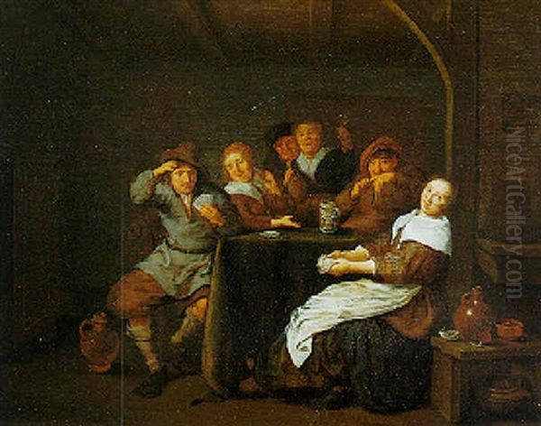 Peasants Gathered Around A Table Drinking And Playing Cards Oil Painting by Jan Miense Molenaer