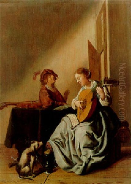 A Young Woman Playing The Lute With A Youth Singing In An Interior Oil Painting by Jan Miense Molenaer