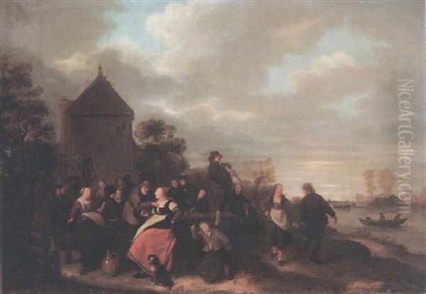 Peasants Merrymaking And Dancing Outside An Inn Oil Painting by Jan Miense Molenaer