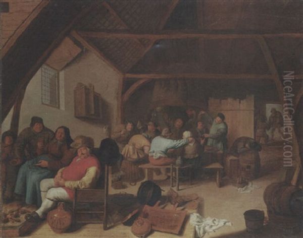 Tavern Interior With Figures Resting By A Fire And Others Eating And Drinking Oil Painting by Jan Miense Molenaer