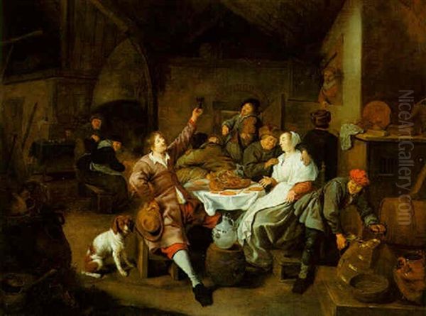 A Peasant Interior With Figures Around A Table, A Fiddler And A Boy Filling A Tankard Oil Painting by Jan Miense Molenaer