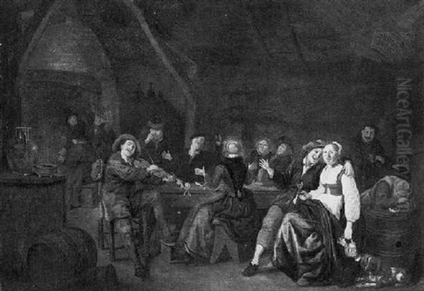 A Boor Courting A Maid In A Tavern, With Merry Company Singing At A Table Beyond by Jan Miense Molenaer