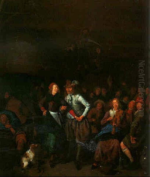 A Couple Dancing In A Tavern With A Woman Playing The Violin Neaby, Boors Making Music Beyond Oil Painting by Jan Miense Molenaer