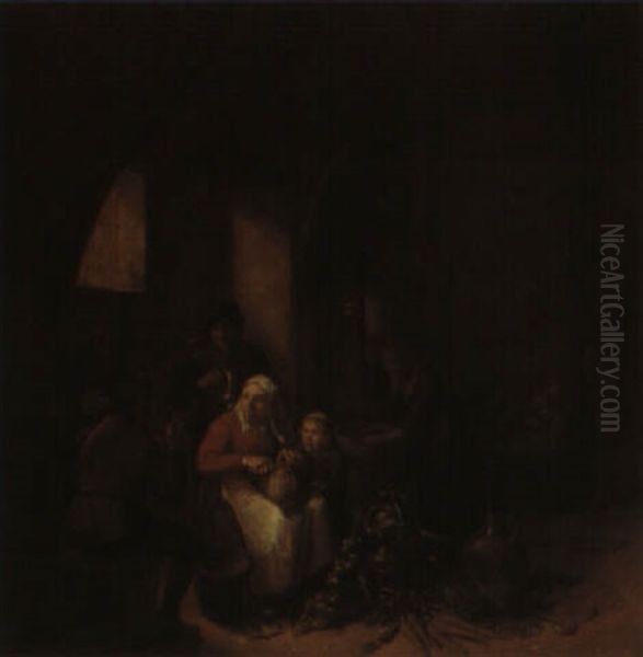 Interior With Peasants Drinking, Smoking And Preparing Food Oil Painting by Jan Miense Molenaer