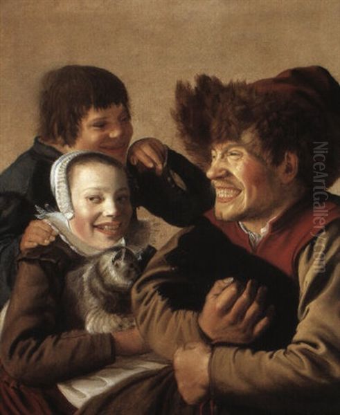 Grinning Boy In A Fur Hat Holding A Dog, A Girl With A Cat, And Boy Gesturing Oil Painting by Jan Miense Molenaer