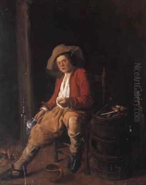 Boy Holding A Tankard And A Pipe, Sitting By A Fire by Jan Miense Molenaer