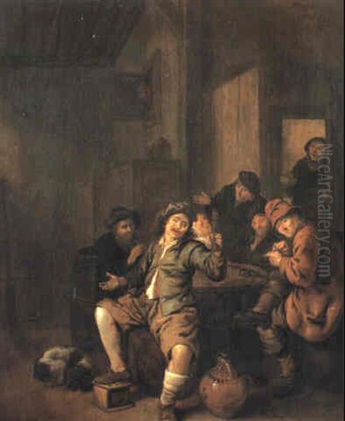 Seated Peasant Raising His Glass In A Toast With Other Villagers Oil Painting by Jan Miense Molenaer