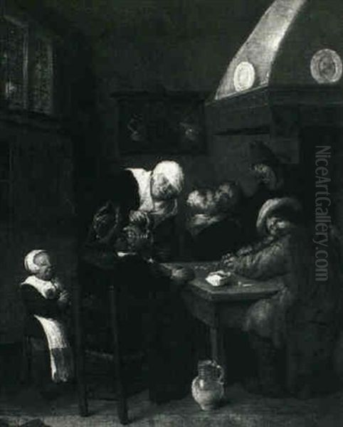 Kitchen Interior With Peasants Around A Table Making Merry Oil Painting by Jan Miense Molenaer