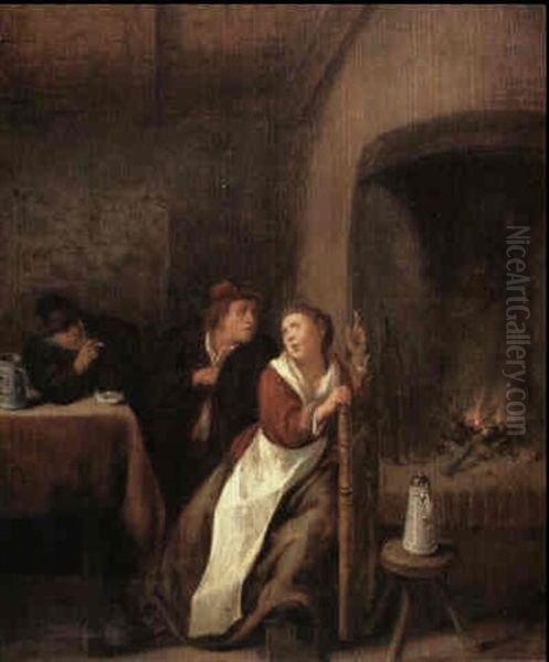 A Peasant Couple Seated Before A Fire Burning In A Hearth   Observed By A Seated Man Smoking A Pipe Oil Painting by Jan Miense Molenaer