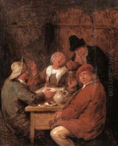 An Interior With Four Figures Seated Around A Table         Drinking And Smoking And Accompanying A Violinst Oil Painting by Jan Miense Molenaer