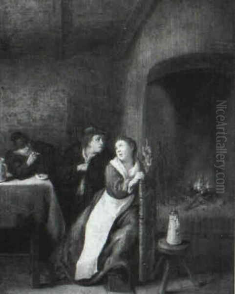 An Amourous Couple Before A Table And An Old Man Smoking A  Pipe By A Hearth Oil Painting by Jan Miense Molenaer