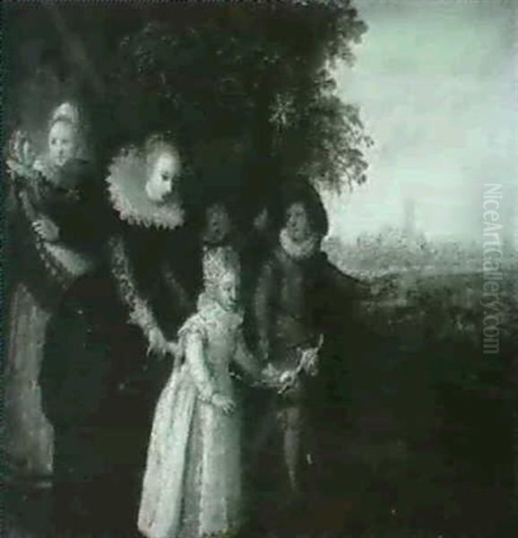 A Lady With Her Children Accompanied By A Nurse In A        Landscape Oil Painting by Jan Miense Molenaer