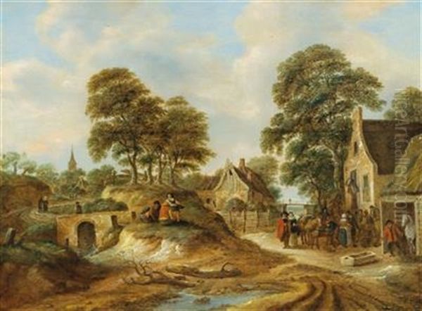 Travellers And Peasants In Front Of An Inn Oil Painting by Nicolaes Molenaer