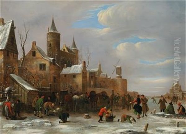 A Merry Company On A Frozen River Oil Painting by Nicolaes Molenaer