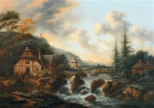 A Scandinavian Landscape With Travellers In Front Of A Tavern Oil Painting by Nicolaes Molenaer