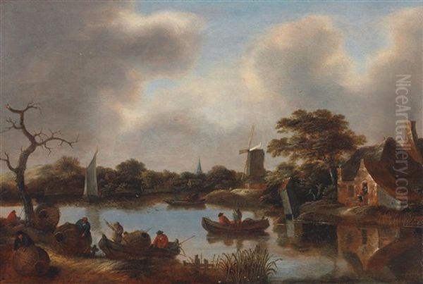 A Canal Landscape With A Windmill Oil Painting by Nicolaes Molenaer