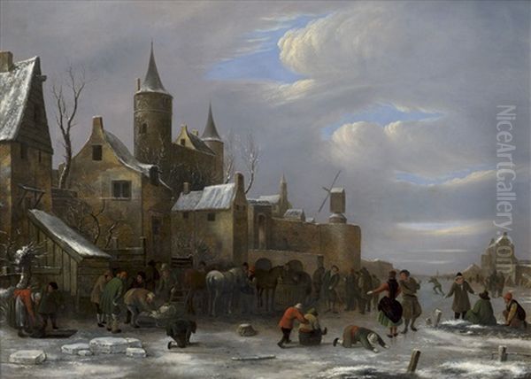 Frohliche Gesellschaft Auf Einem Zugefrorenen Fluss Vor Einer Stadt Oil Painting by Nicolaes Molenaer