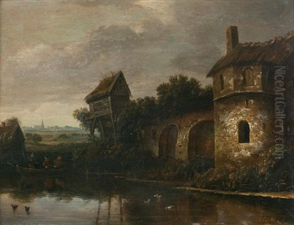 Bord De Riviere Au Pigeonnier Et Pecheurs En Barque Oil Painting by Nicolaes Molenaer