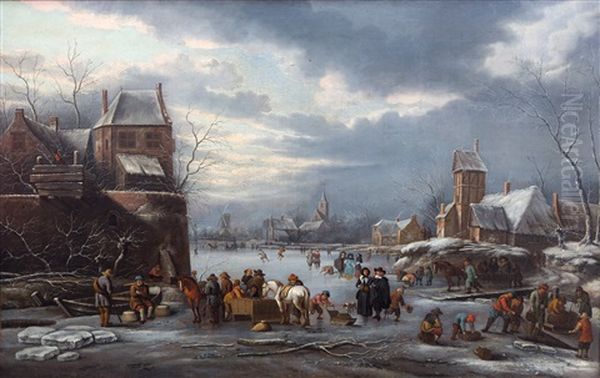 A Winter Landscape With Numerous Villagers On A Frozen Lake Oil Painting by Nicolaes Molenaer